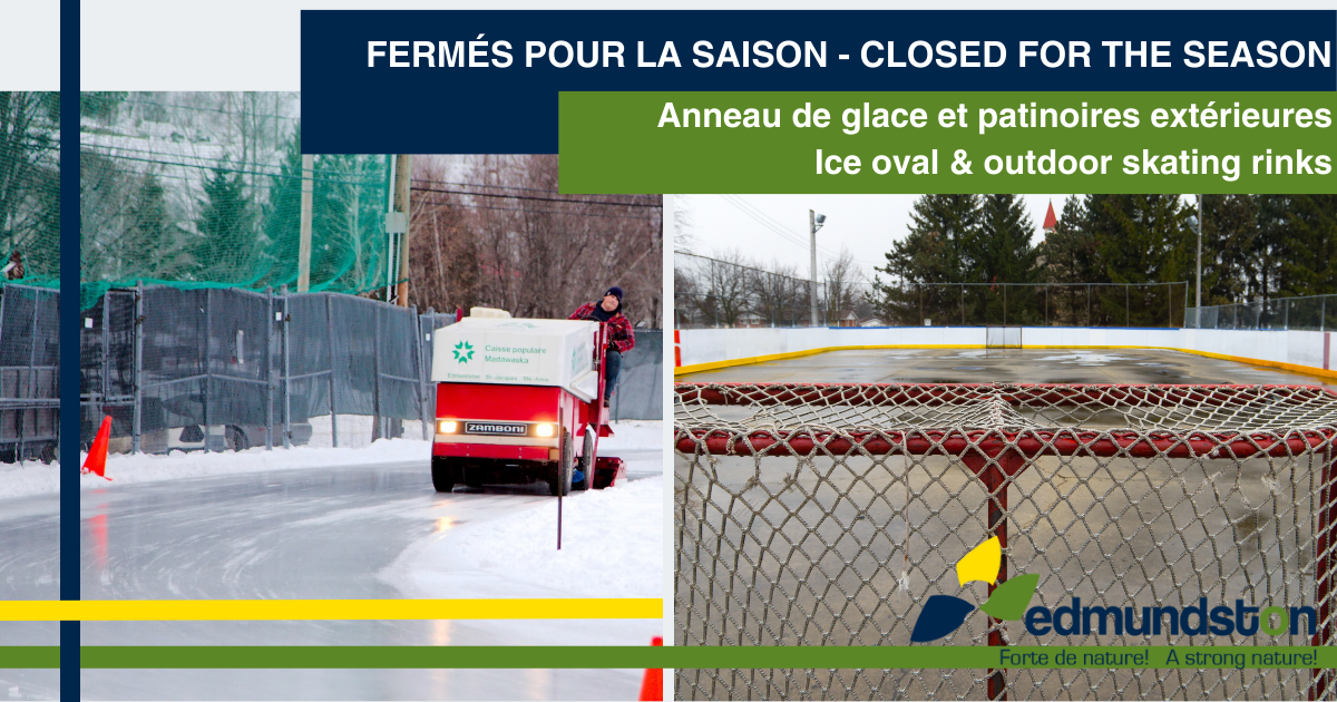Exterior rinks closed for the season as of March 4th, 2024