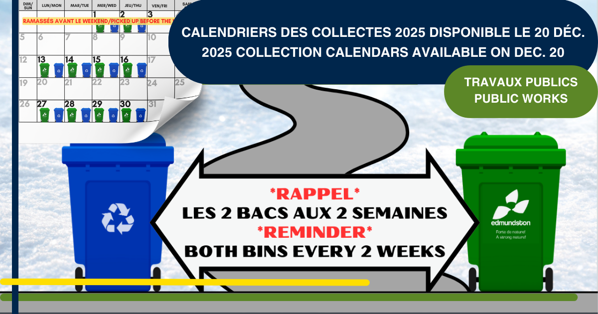 Calendrier des collectes 2025 disponible en ligne à compter du vendredi 20 décembre