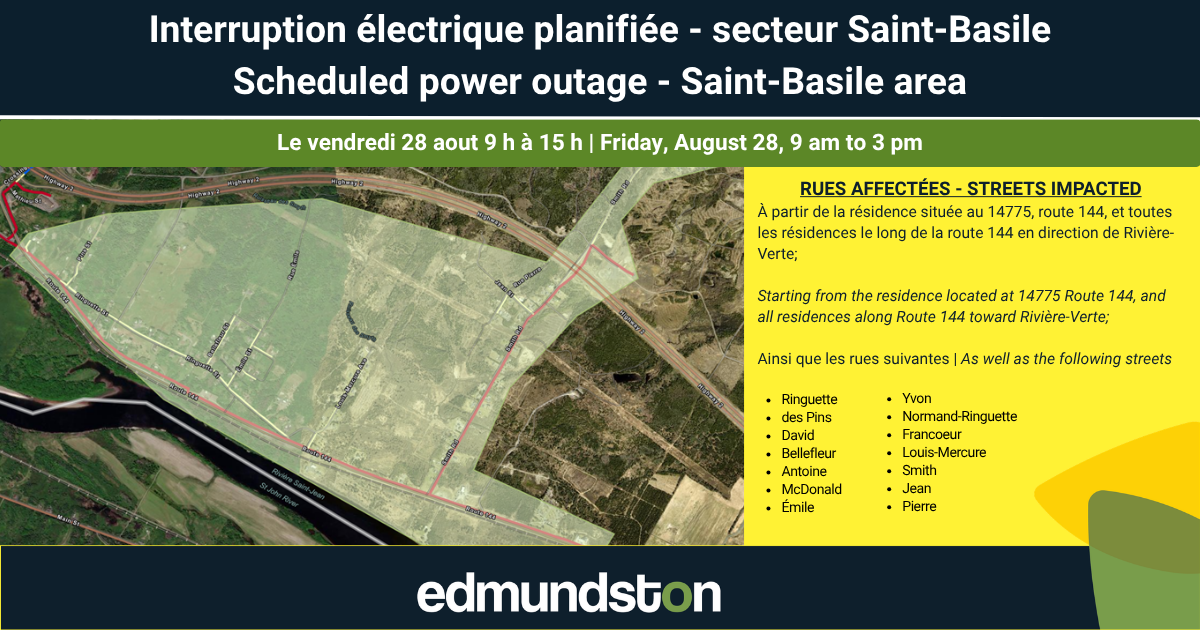 Panne de courant planifi&eacute;e dans le secteur Saint-Basile le vendredi 28 aout 2026
