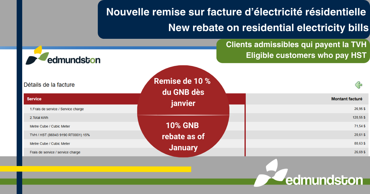 Les clients résidentiels d’Énergie Edmundston qui payent la TVH recevront une remise de 10 % sur la facture électrique dès janvier