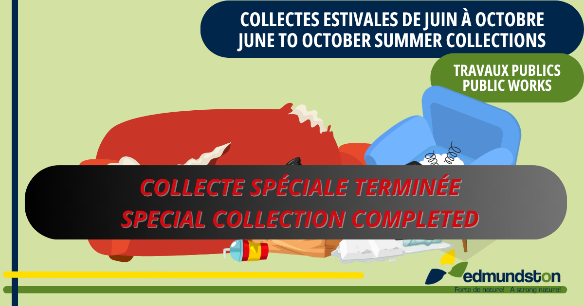 RAPPEL : Les collectes d'ordures se font à chaque semaine, de juin à octobre