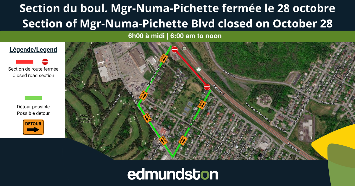 Fermeture temporaire d'une section du boul. Mgr-Numa-Pichette le 28 octobre 2026
