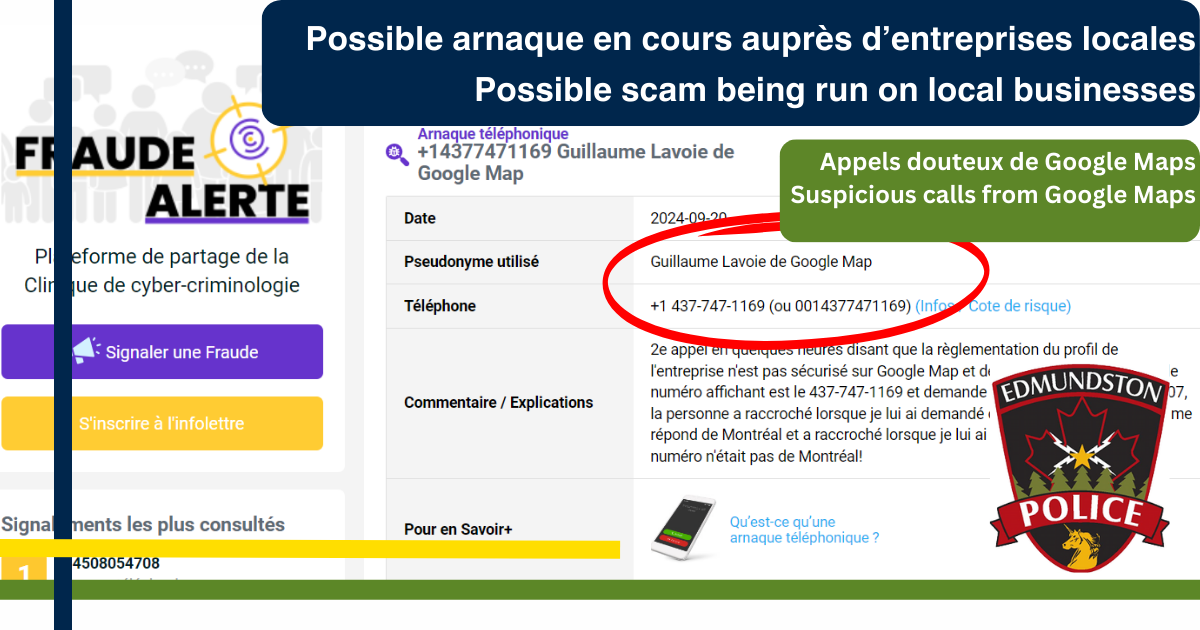 Possible fraude en cours ciblant des entreprises locales